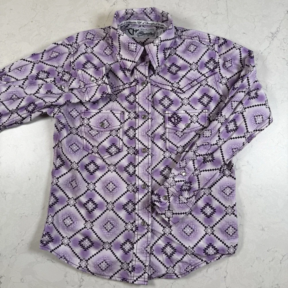 Cowgirl Hardware Western Shirt Girls 6/S Long Sleeve Aztec Purple Crystal Snaps - Picture 3 of 14